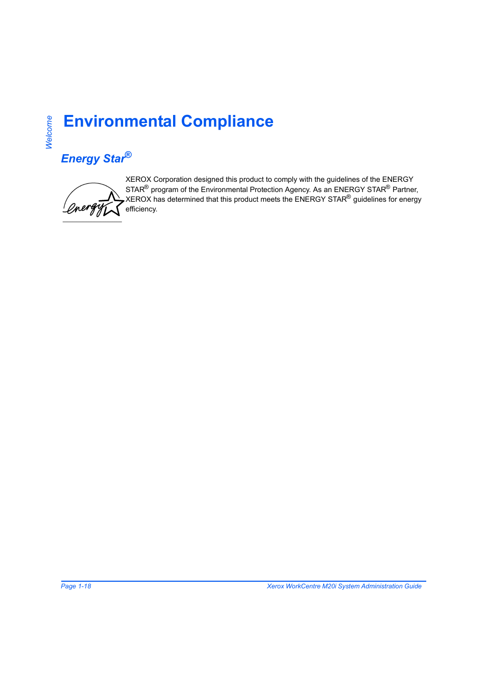 Environmental compliance, Energy star, Environmental compliance -18 | Energy star® -18 | Xerox WorkCentre M20-M20i-2723 User Manual | Page 26 / 218