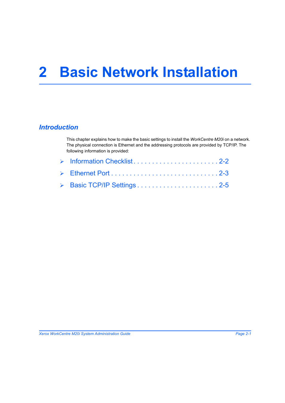 2 basic network installation, Introduction, 2 basic network installation -1 | Introduction -1 | Xerox WorkCentre M20-M20i-2723 User Manual | Page 27 / 218