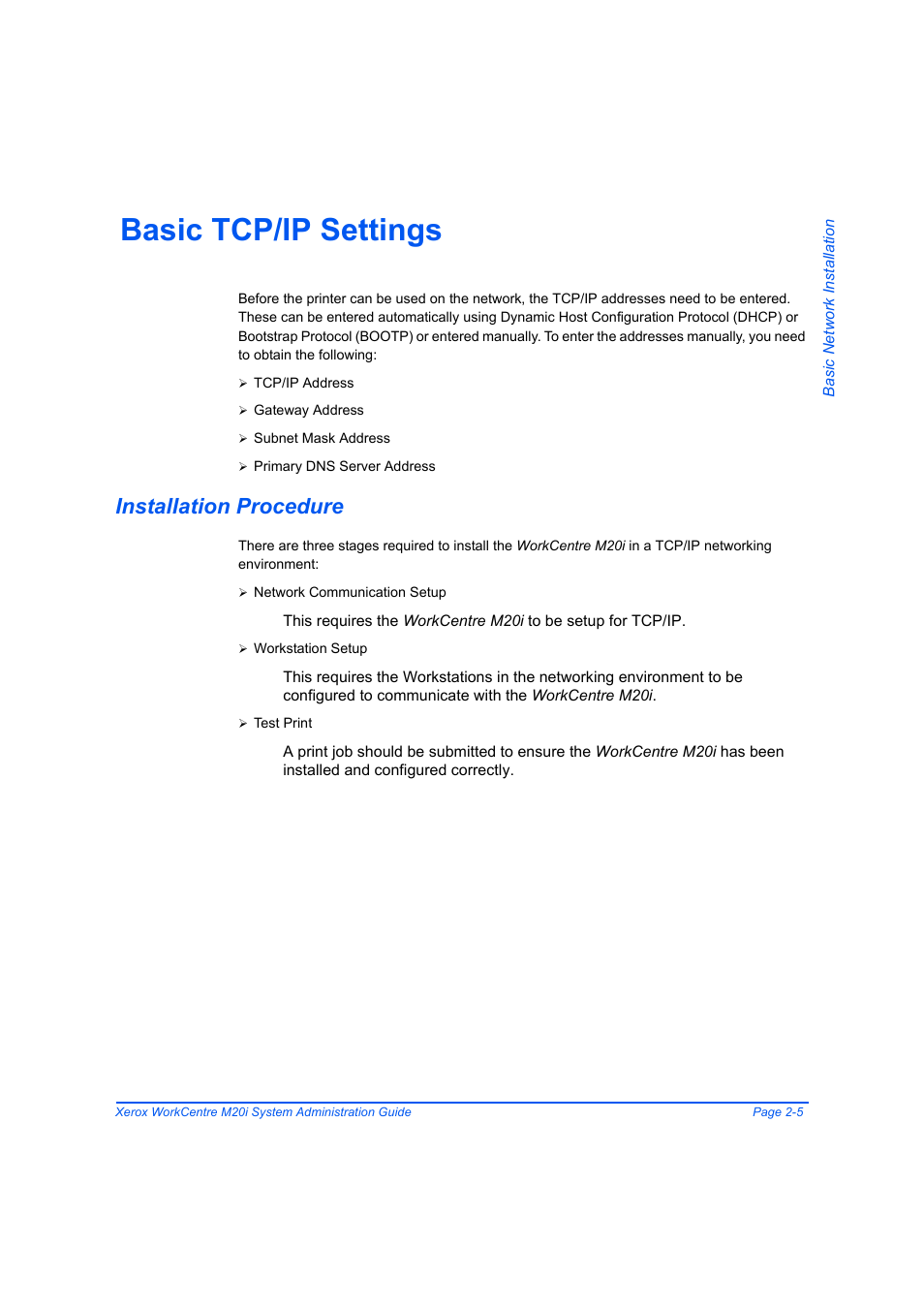 Basic tcp/ip settings, Installation procedure, Basic tcp/ip settings -5 | Installation procedure -5 | Xerox WorkCentre M20-M20i-2723 User Manual | Page 31 / 218