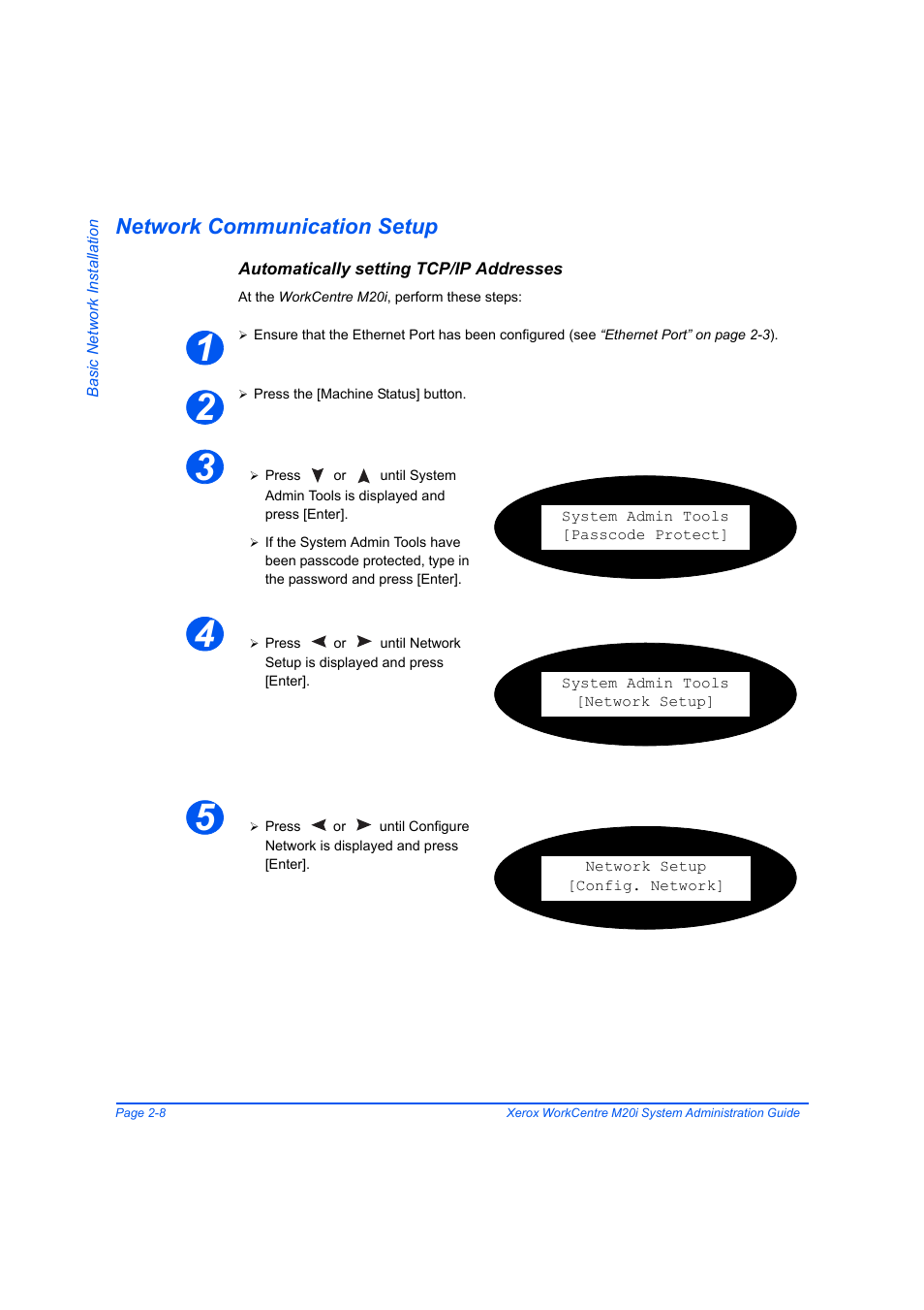 Network communication setup, Automatically setting tcp/ip addresses, Network communication setup -8 | Xerox WorkCentre M20-M20i-2723 User Manual | Page 34 / 218