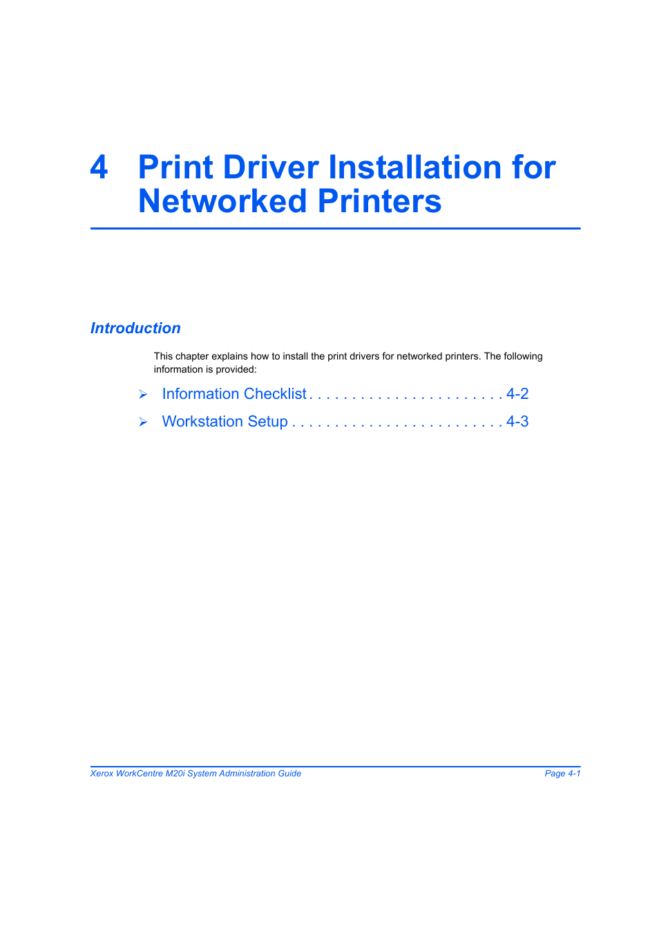 4 print driver installation for networked printers, Introduction, Introduction -1 | Xerox WorkCentre M20-M20i-2723 User Manual | Page 55 / 218