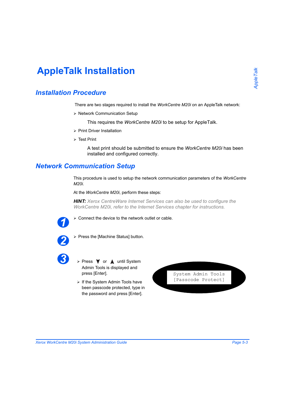 Appletalk installation, Installation procedure, Network communication setup | Appletalk installation -3 | Xerox WorkCentre M20-M20i-2723 User Manual | Page 71 / 218