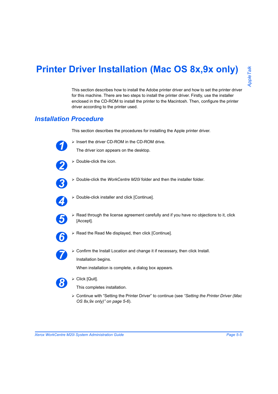 Printer driver installation (mac os 8x,9x only), Installation procedure, Printer driver installation (mac os 8x,9x only) -5 | Installation procedure -5 | Xerox WorkCentre M20-M20i-2723 User Manual | Page 73 / 218