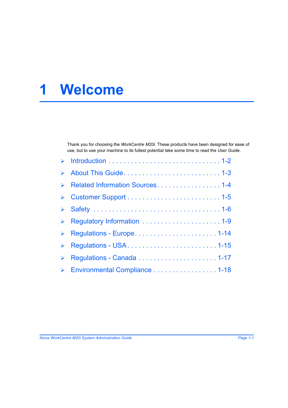 1 welcome, 1 welcome -1 | Xerox WorkCentre M20-M20i-2723 User Manual | Page 9 / 218