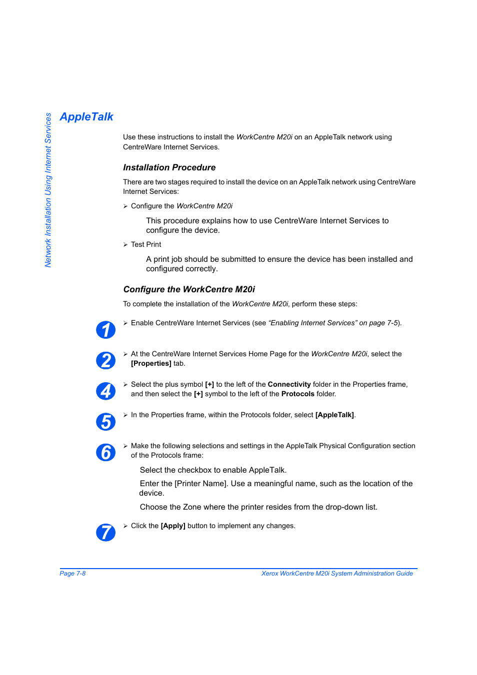 Appletalk, Installation procedure, Configure the workcentre m20i | Appletalk -8 | Xerox WorkCentre M20-M20i-2723 User Manual | Page 96 / 218