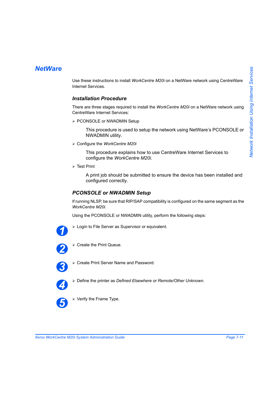 Netware, Installation procedure, Pconsole or nwadmin setup | Netware -11, Age 7-11 | Xerox WorkCentre M20-M20i-2723 User Manual | Page 99 / 218