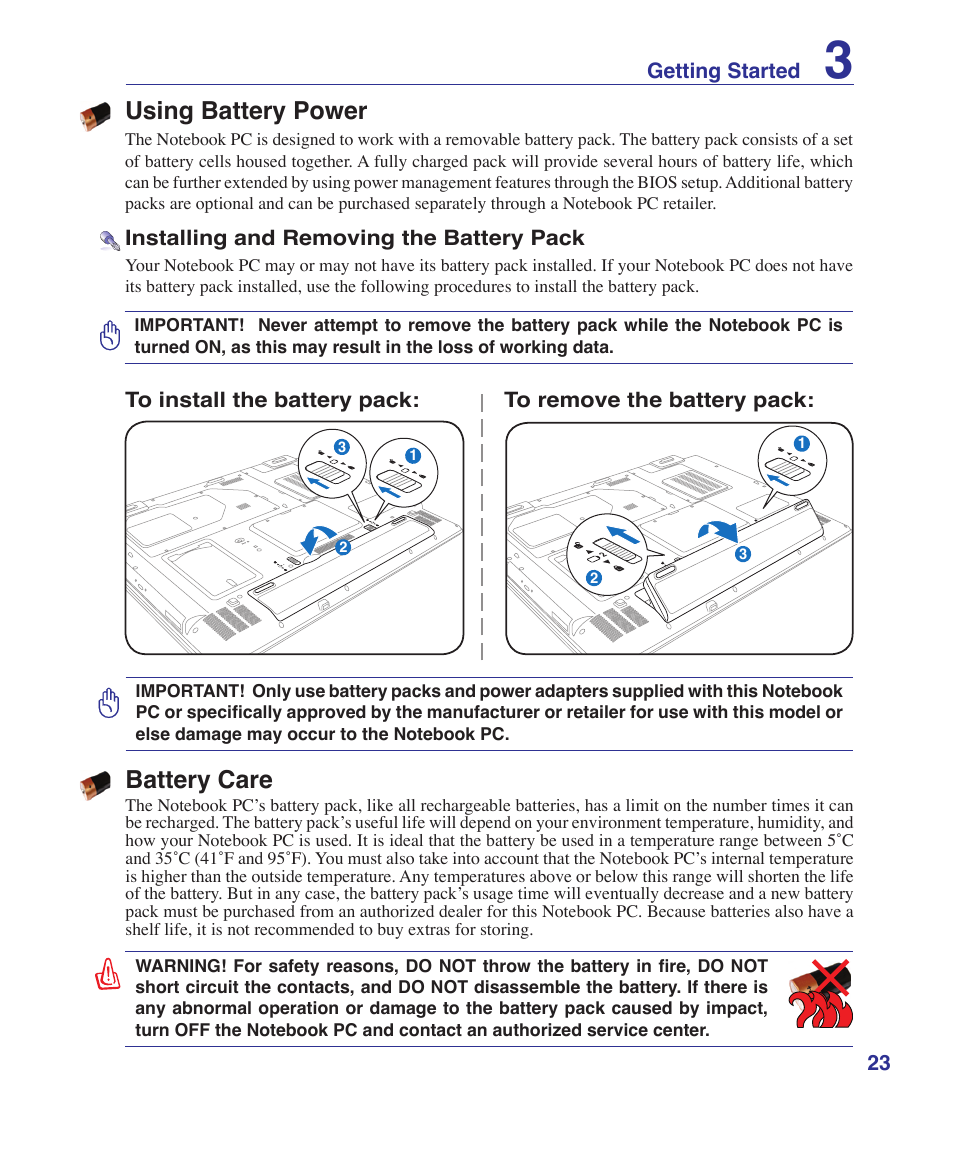 Using battery power, Battery care | Asus E3179 User Manual | Page 23 / 91