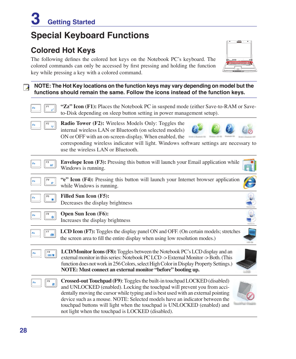 Special keyboard functions, Colored hot keys | Asus E3179 User Manual | Page 28 / 91