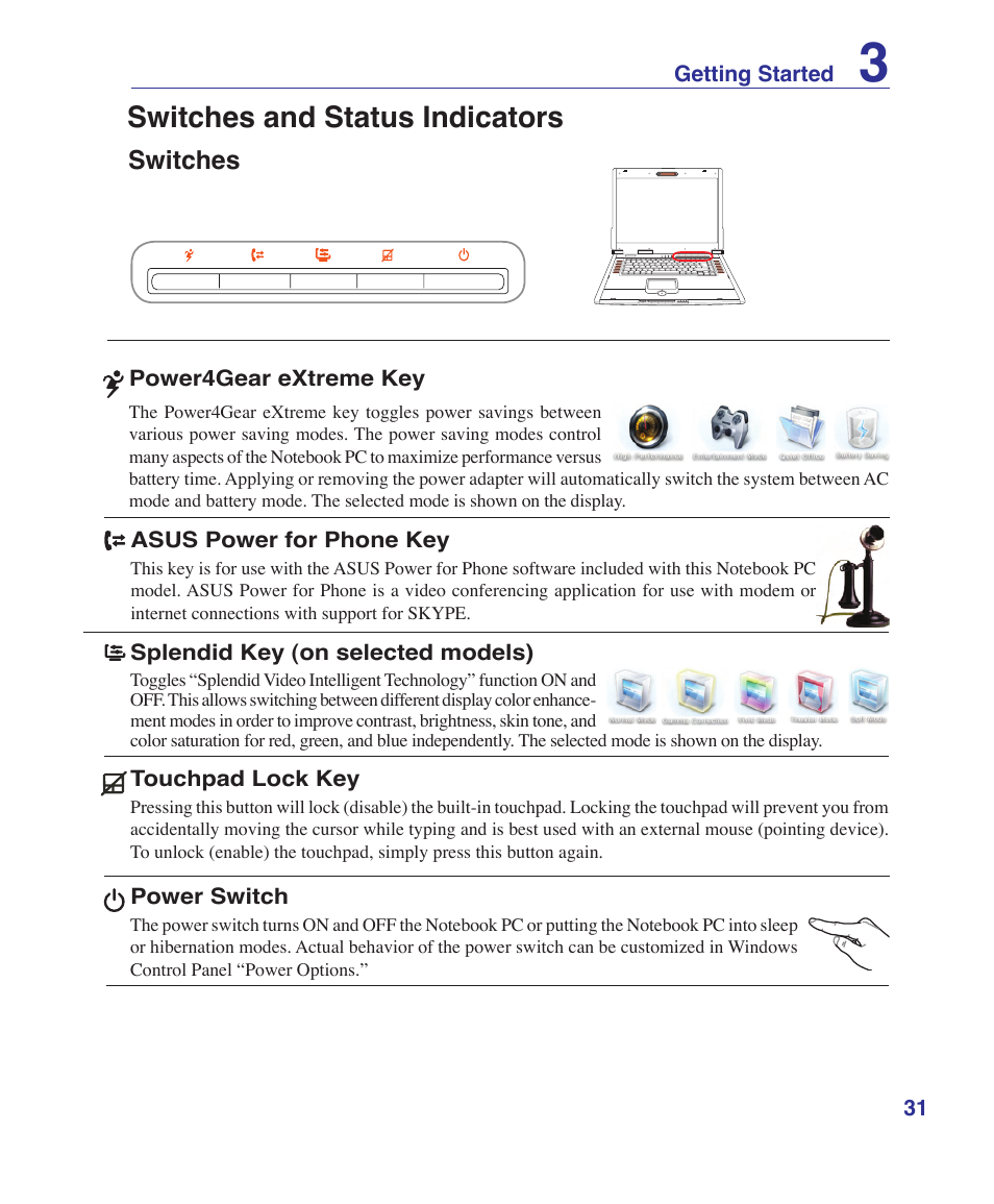 Switches and status indicators, Switches | Asus E3179 User Manual | Page 31 / 91