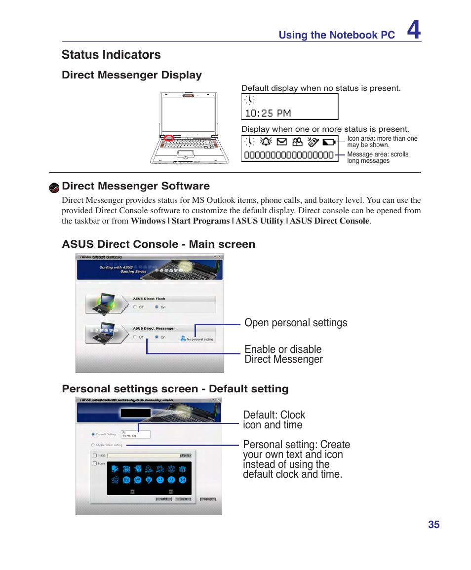 Status indicators | Asus E3179 User Manual | Page 35 / 91