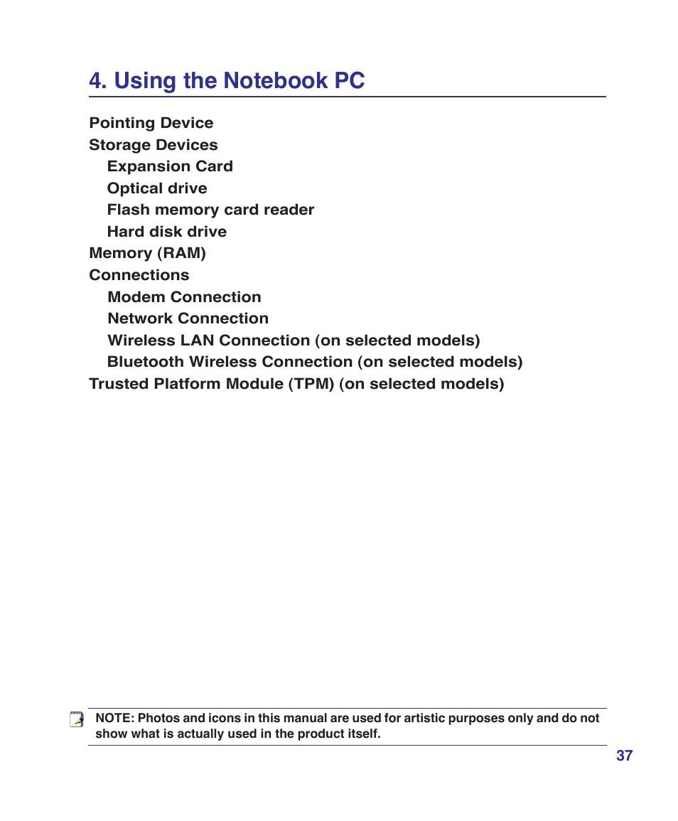 Using the notebook pc | Asus E3179 User Manual | Page 37 / 91