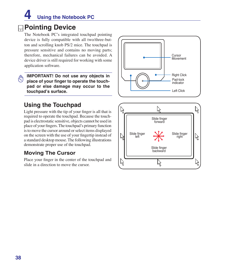 Pointing device, Using the touchpad | Asus E3179 User Manual | Page 38 / 91