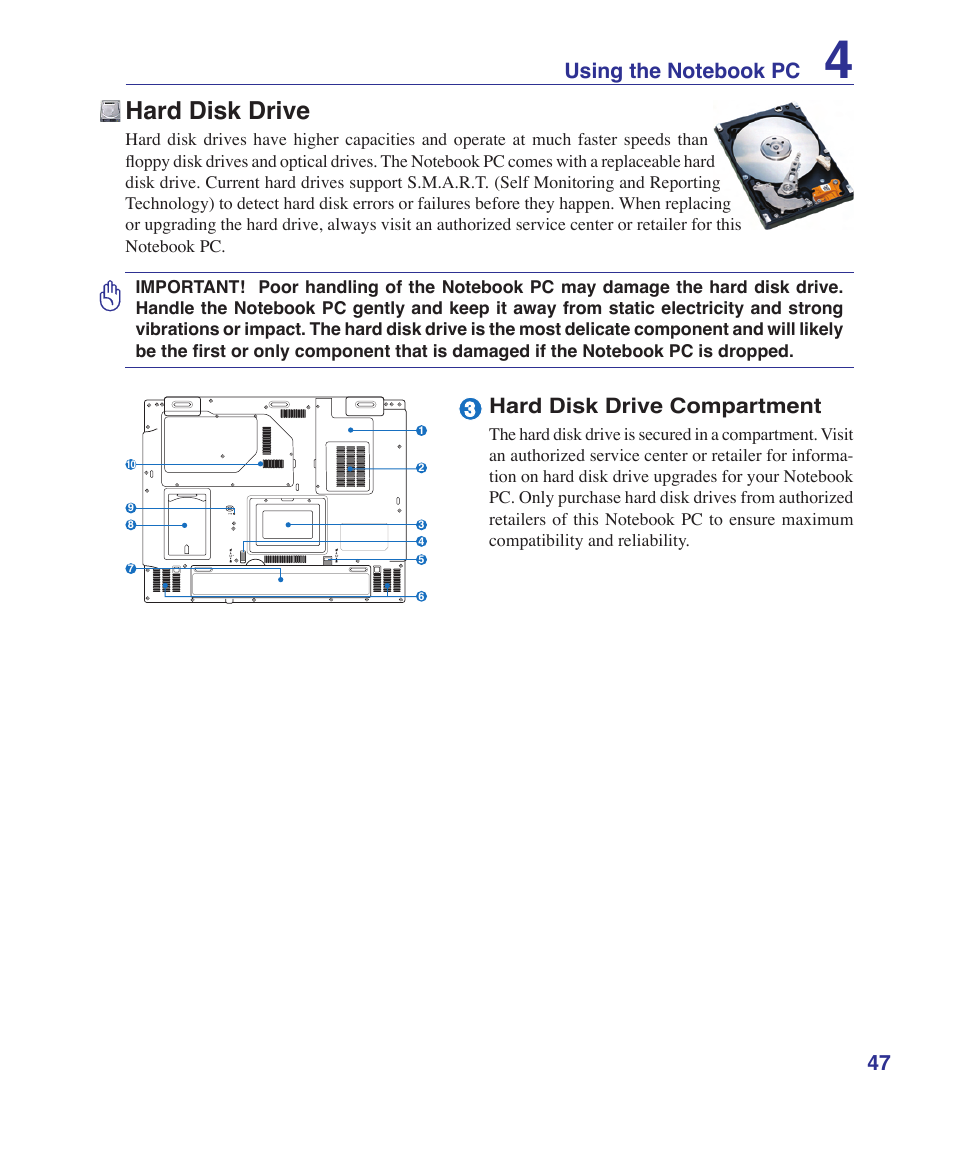 Hard disk drive, Hard disk drive compartment | Asus E3179 User Manual | Page 47 / 91
