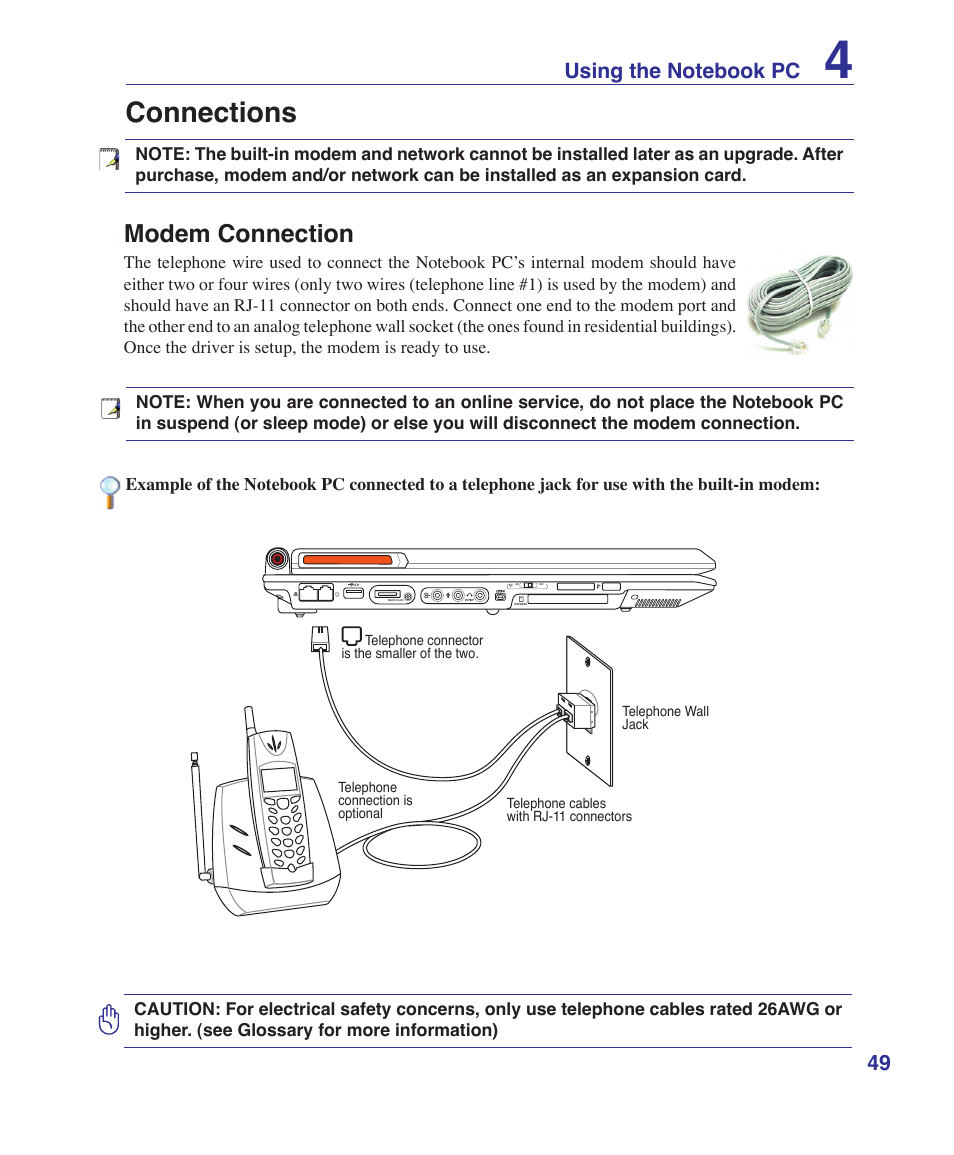 Connections, Modem connection | Asus E3179 User Manual | Page 49 / 91