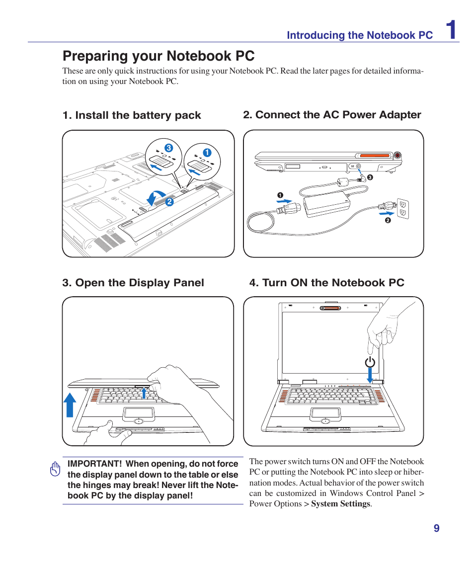 Preparing your notebook pc | Asus E3179 User Manual | Page 9 / 91