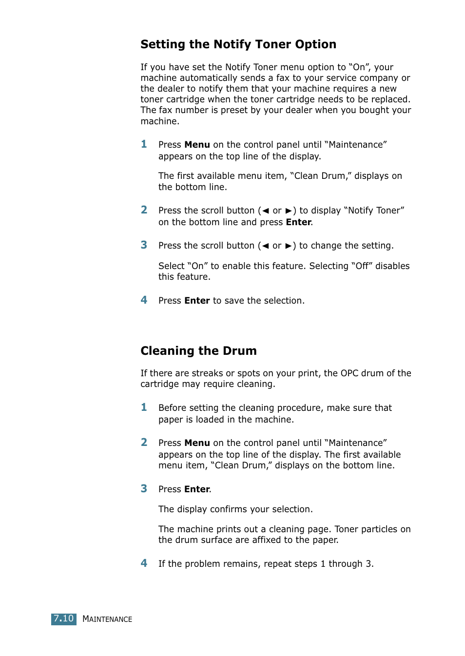 Setting the notify toner option, Cleaning the drum | Xerox WorkCentre PE16-i-4381 User Manual | Page 105 / 201