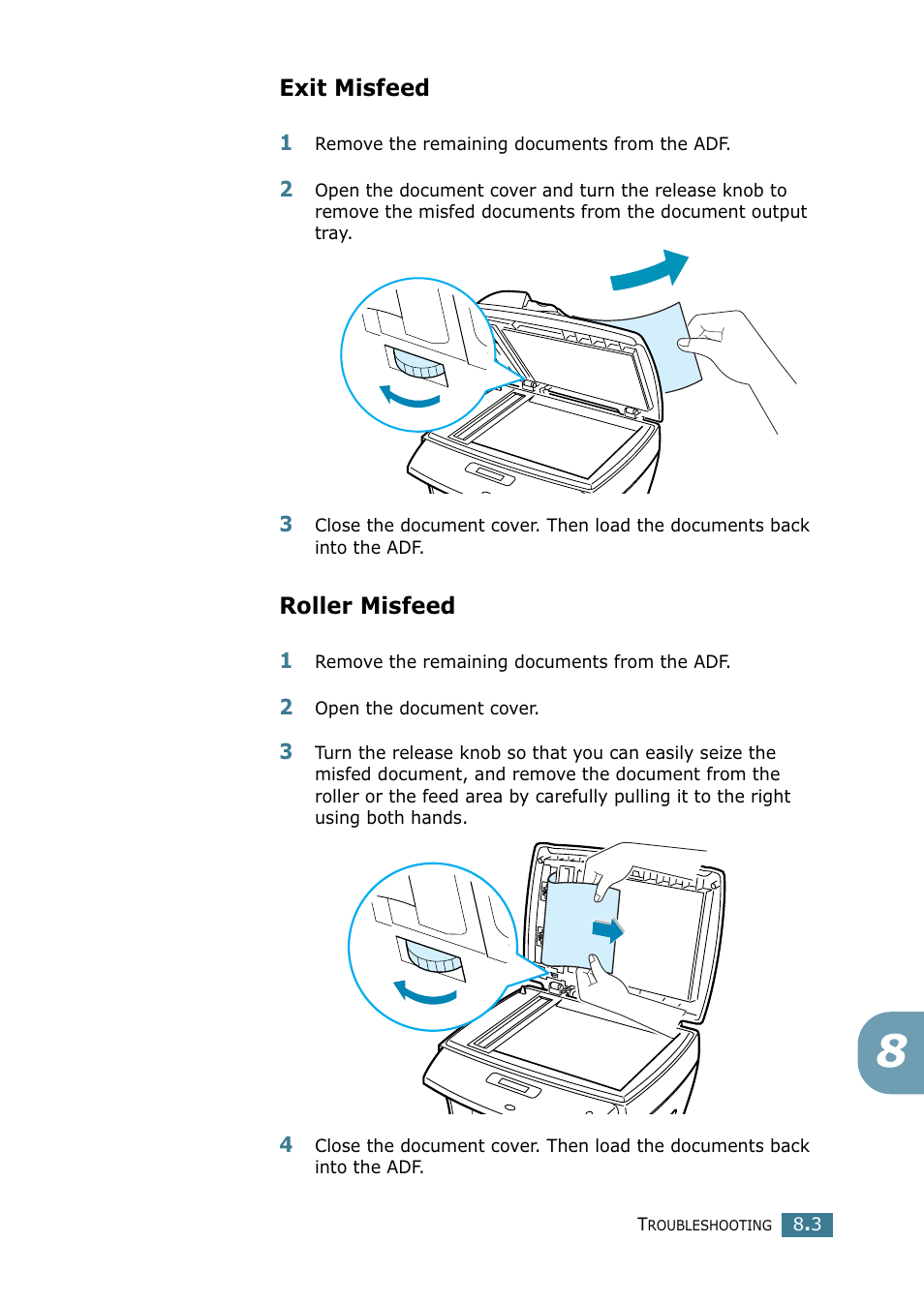 Exit misfeed, Roller misfeed | Xerox WorkCentre PE16-i-4381 User Manual | Page 110 / 201