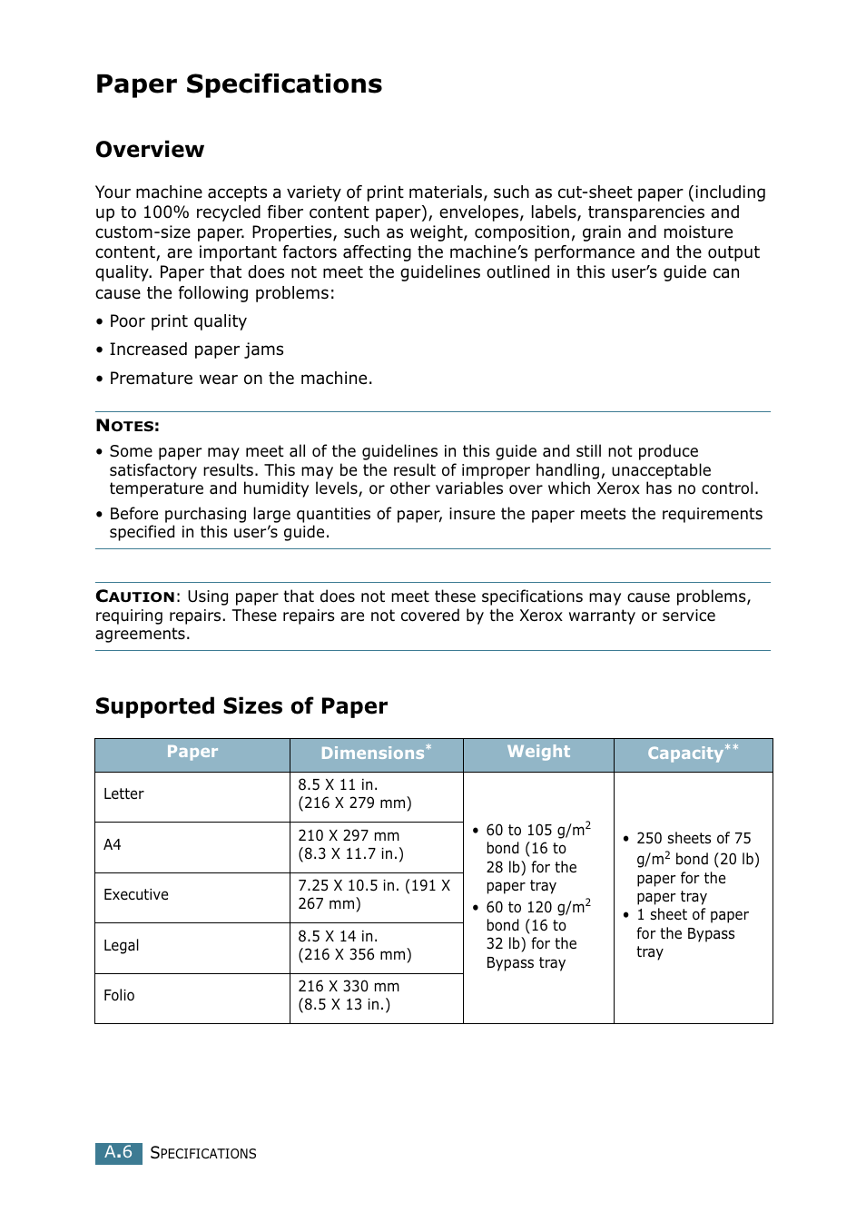 Paper specifications, Overview, Supported sizes of paper | Use only recommended print materials. see “paper, See “paper specifications, Y not meet paper specifications. see “paper | Xerox WorkCentre PE16-i-4381 User Manual | Page 139 / 201