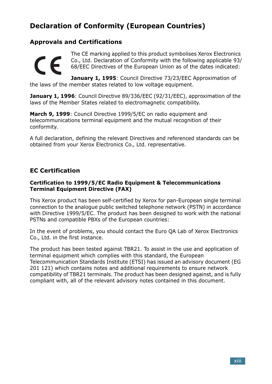 Declaration of conformity (european countries) | Xerox WorkCentre PE16-i-4381 User Manual | Page 14 / 201