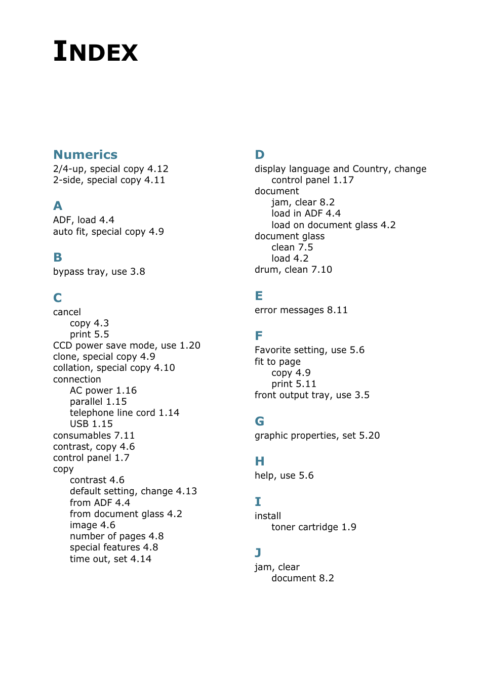 Index, Ndex, Numerics | Xerox WorkCentre PE16-i-4381 User Manual | Page 143 / 201