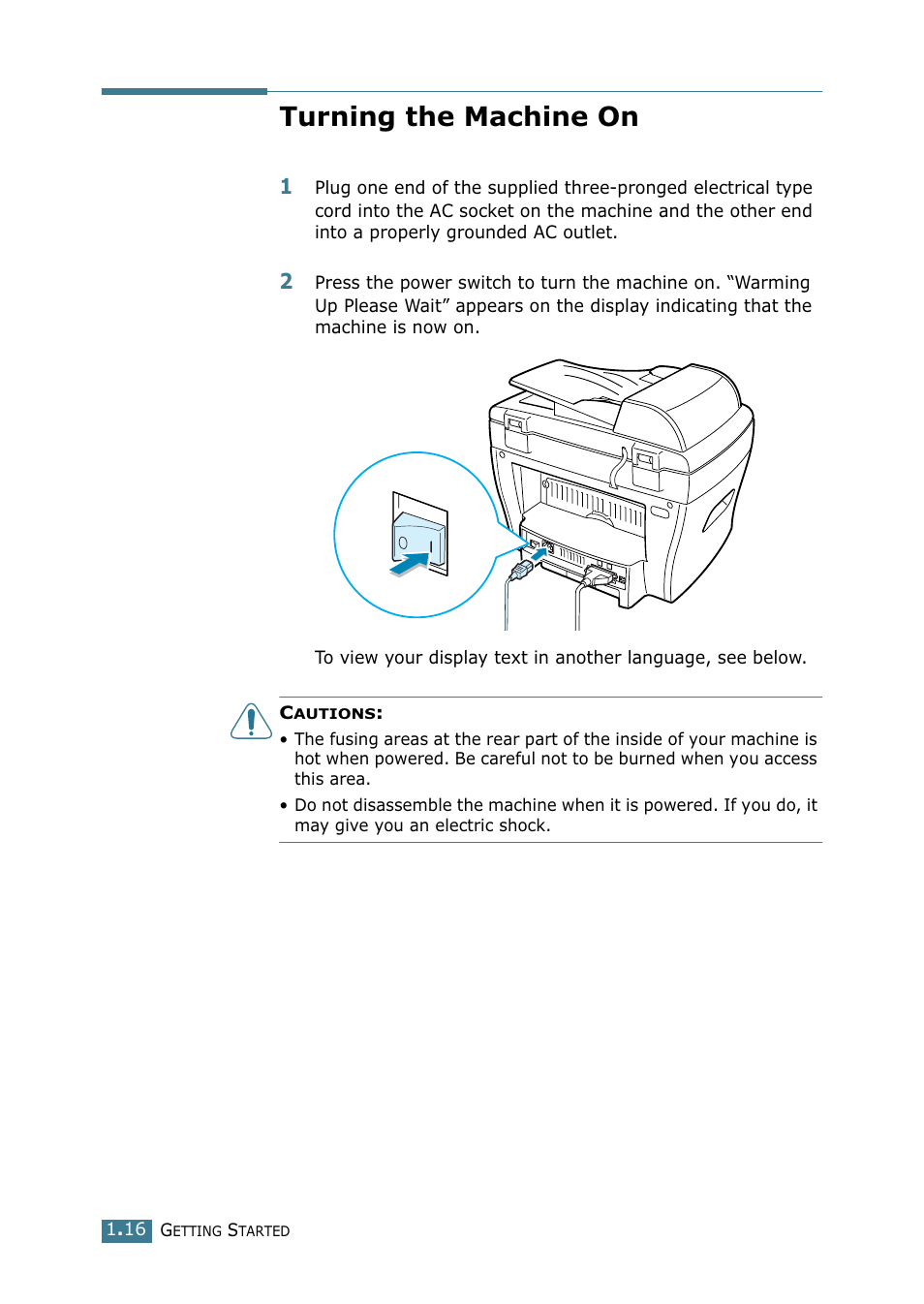 Turning the machine on | Xerox WorkCentre PE16-i-4381 User Manual | Page 33 / 201