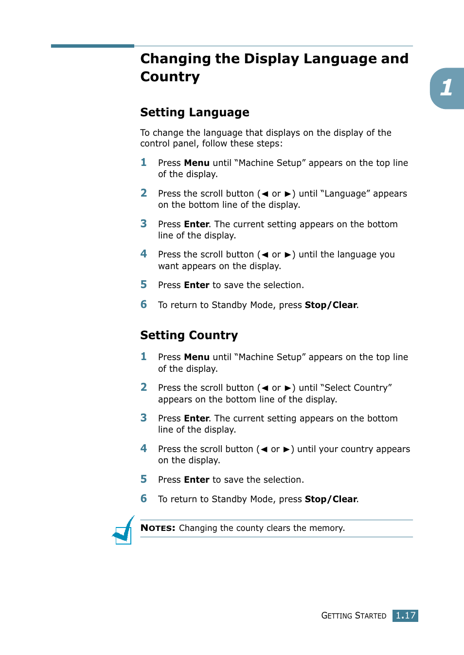 Changing the display language and country, Setting language, Setting country | Xerox WorkCentre PE16-i-4381 User Manual | Page 34 / 201