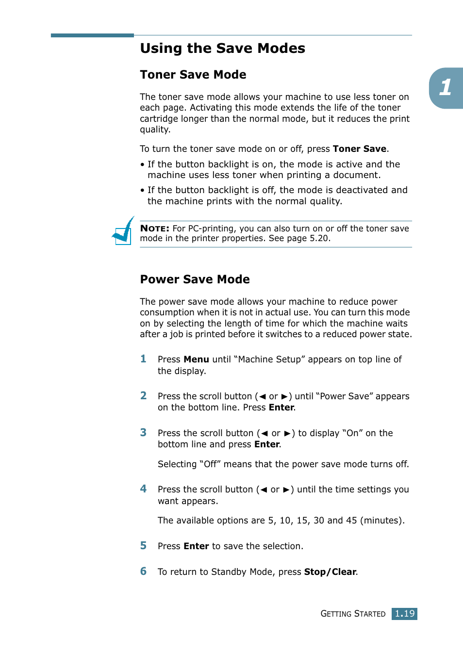 Using the save modes, Toner save mode, Power save mode | Xerox WorkCentre PE16-i-4381 User Manual | Page 36 / 201