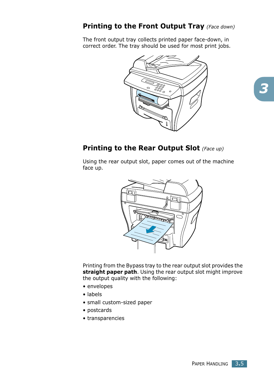 Printing to the front output tray (face down), Printing to the rear output slot (face up), Printing to the front output tray | Printing to the rear output slot | Xerox WorkCentre PE16-i-4381 User Manual | Page 48 / 201