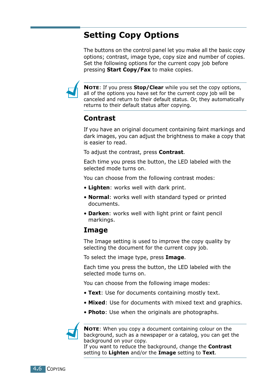 Setting copy options, Contrast, Image | Xerox WorkCentre PE16-i-4381 User Manual | Page 59 / 201