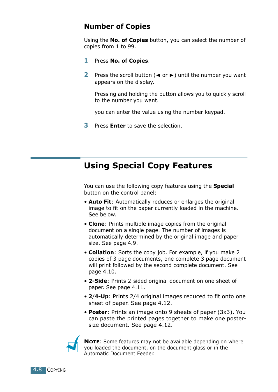 Number of copies, Using special copy features | Xerox WorkCentre PE16-i-4381 User Manual | Page 61 / 201