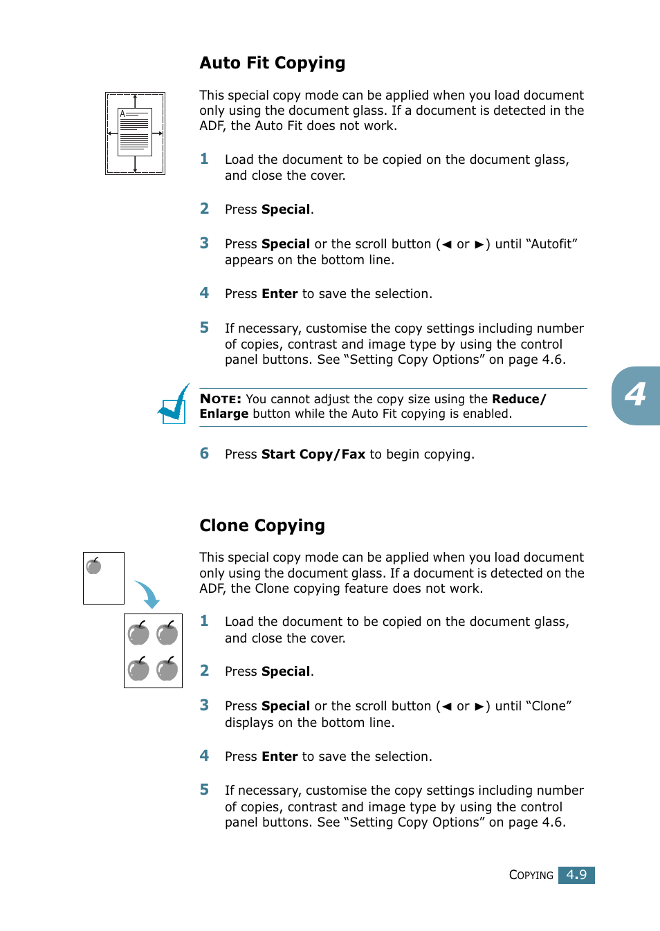 Auto fit copying, Clone copying | Xerox WorkCentre PE16-i-4381 User Manual | Page 62 / 201