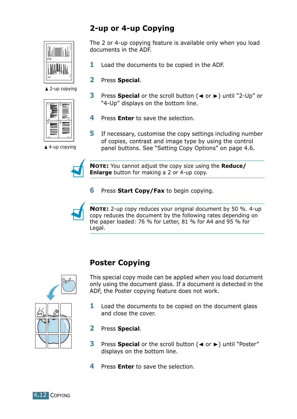 Up or 4-up copying, Poster copying | Xerox WorkCentre PE16-i-4381 User Manual | Page 65 / 201