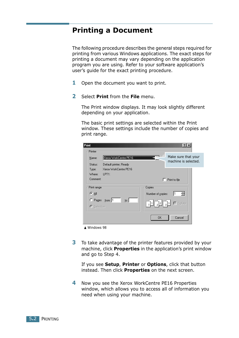 Printing a document | Xerox WorkCentre PE16-i-4381 User Manual | Page 69 / 201