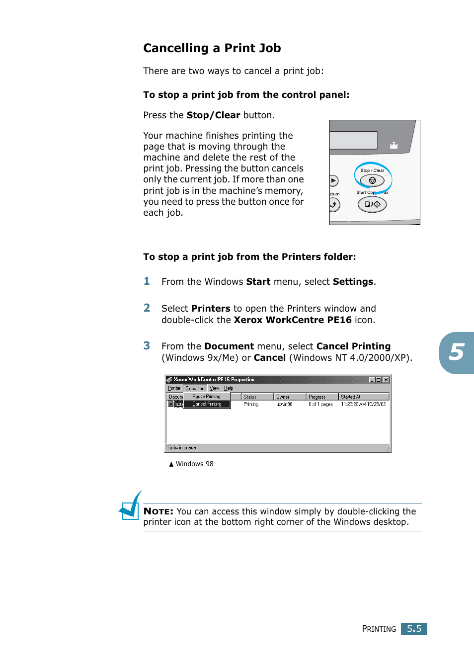 Cancelling a print job | Xerox WorkCentre PE16-i-4381 User Manual | Page 72 / 201