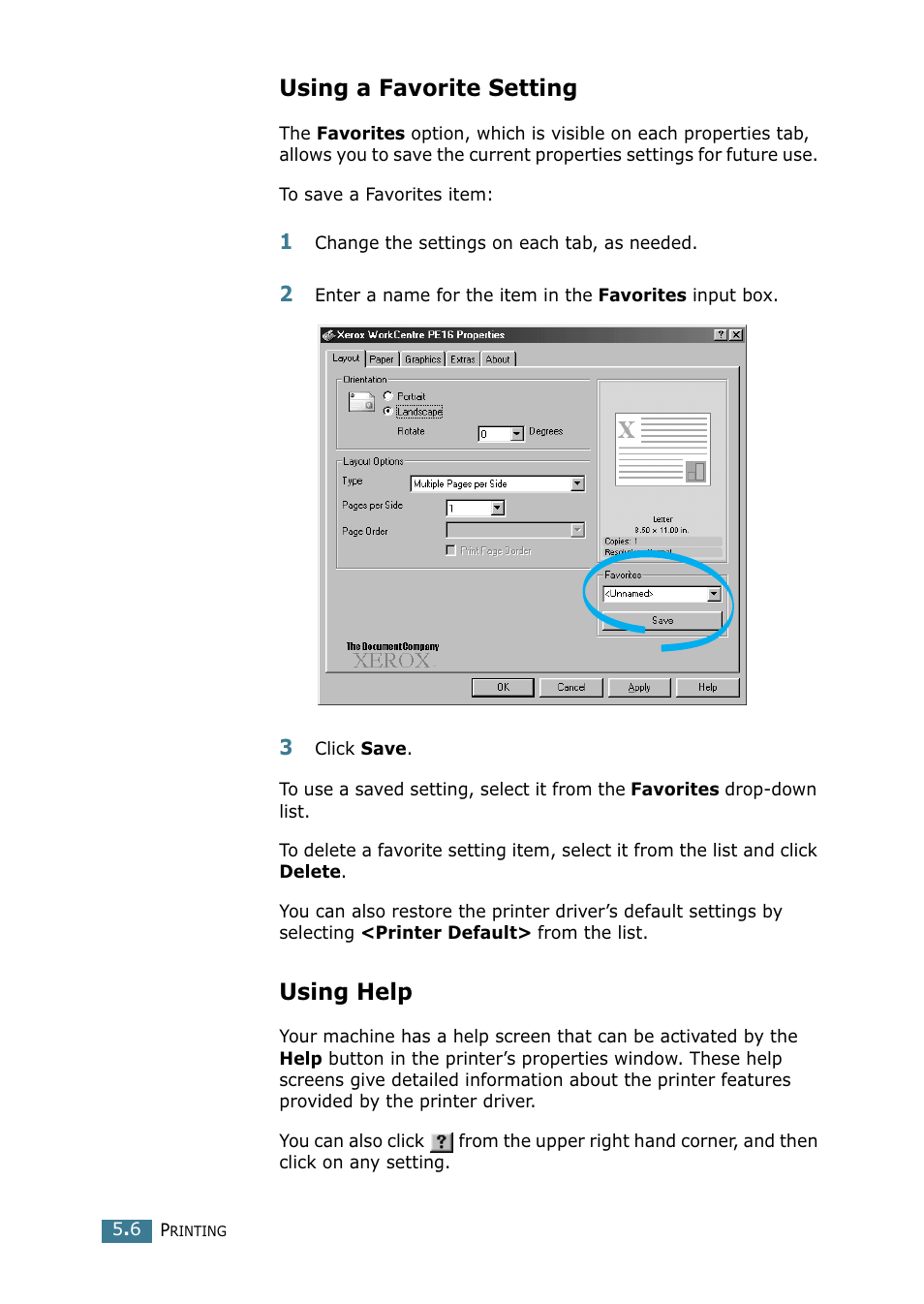 Using a favorite setting, Using help | Xerox WorkCentre PE16-i-4381 User Manual | Page 73 / 201