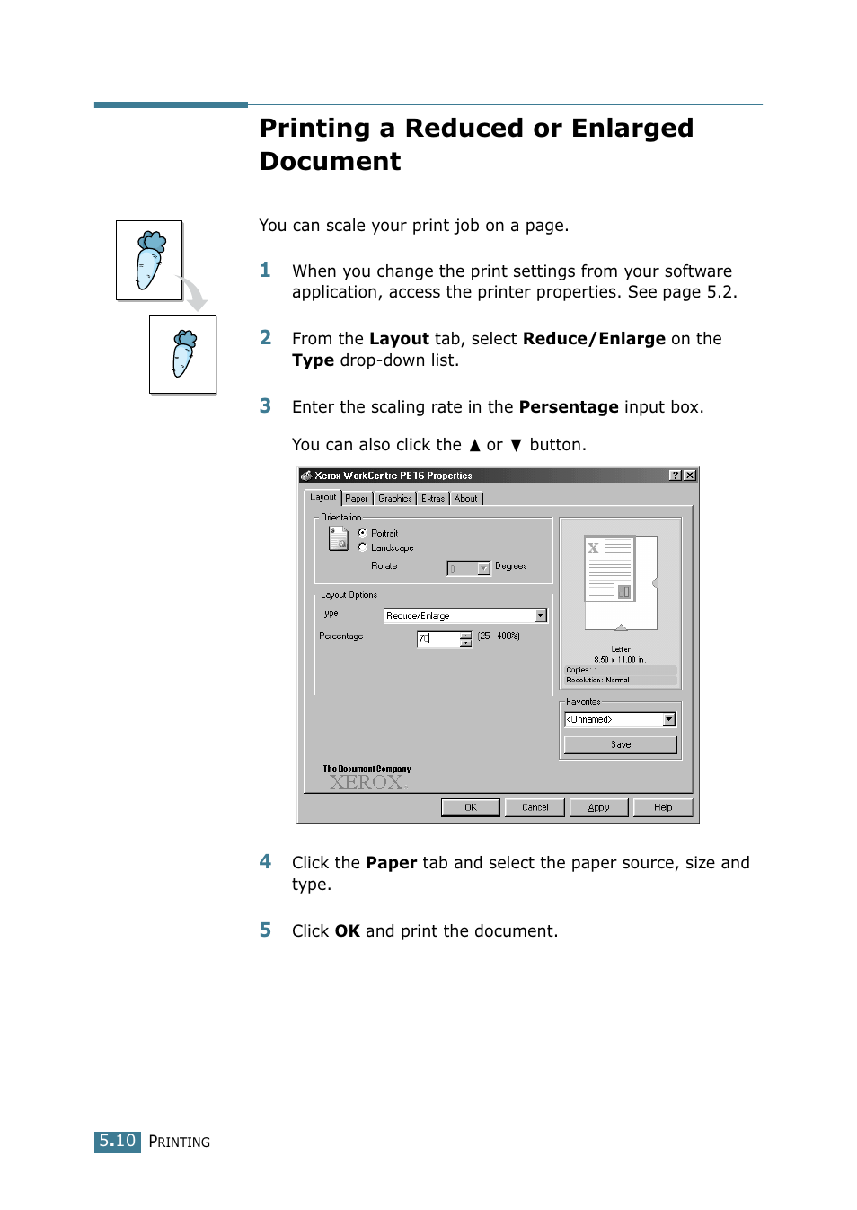 Printing a reduced or enlarged document | Xerox WorkCentre PE16-i-4381 User Manual | Page 77 / 201