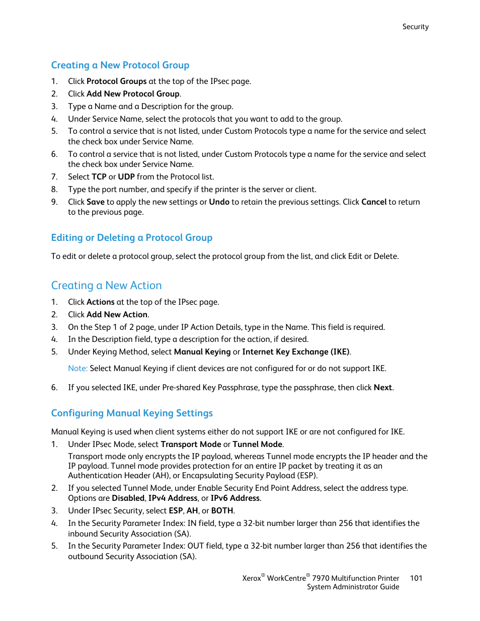 Creating a new protocol group, Editing or deleting a protocol group, Creating a new action | Configuring manual keying settings | Xerox WorkCentre 7970-2606 User Manual | Page 101 / 268