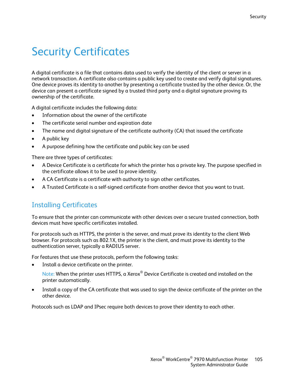 Security certificates, Installing certificates | Xerox WorkCentre 7970-2606 User Manual | Page 105 / 268