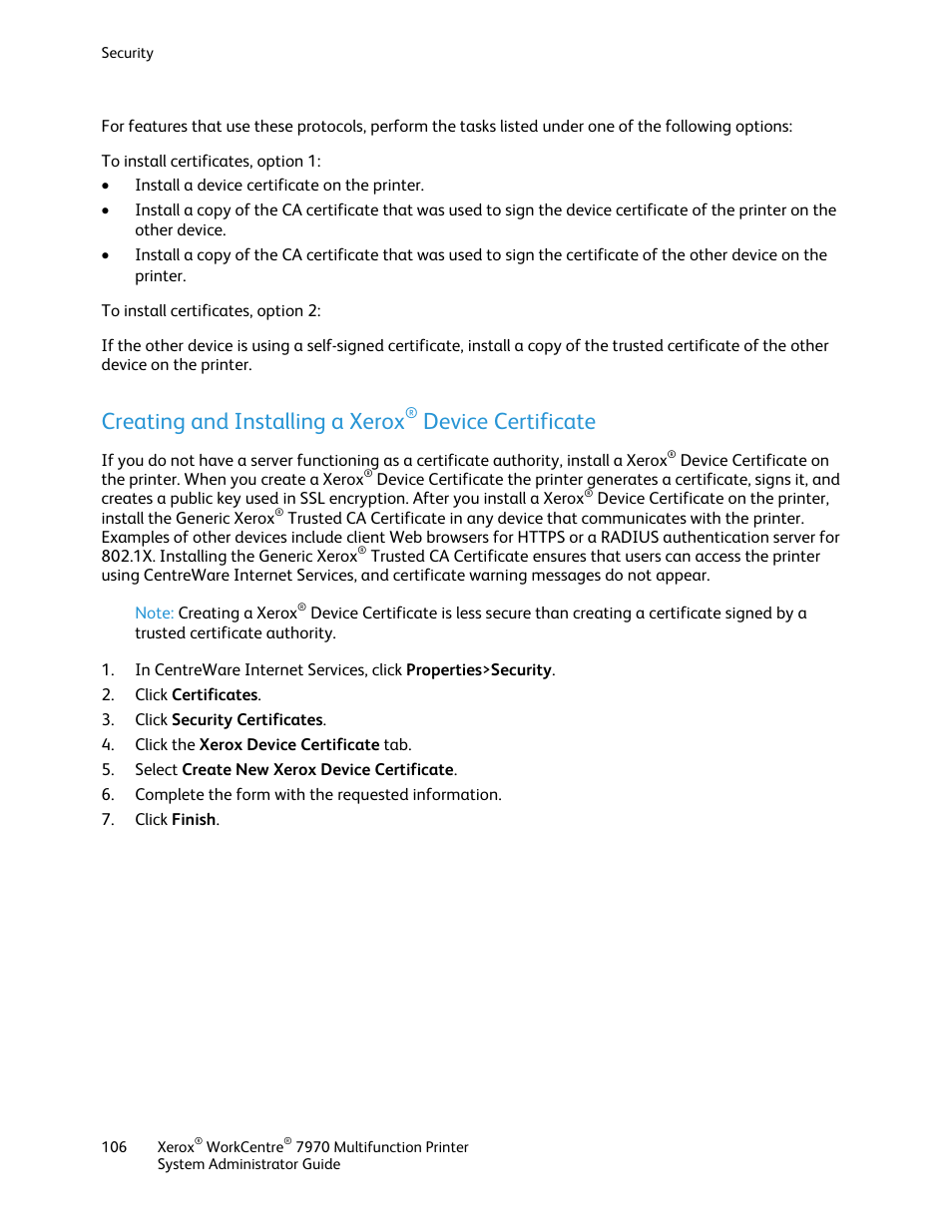 Creating and installing a xerox, Device certificate | Xerox WorkCentre 7970-2606 User Manual | Page 106 / 268
