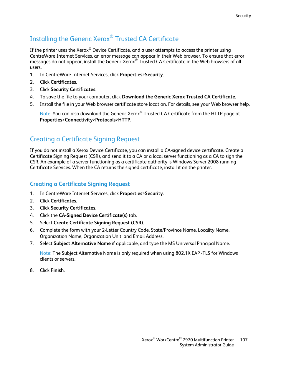 Creating a certificate signing request, Installing the generic xerox, Trusted ca certificate | Xerox WorkCentre 7970-2606 User Manual | Page 107 / 268