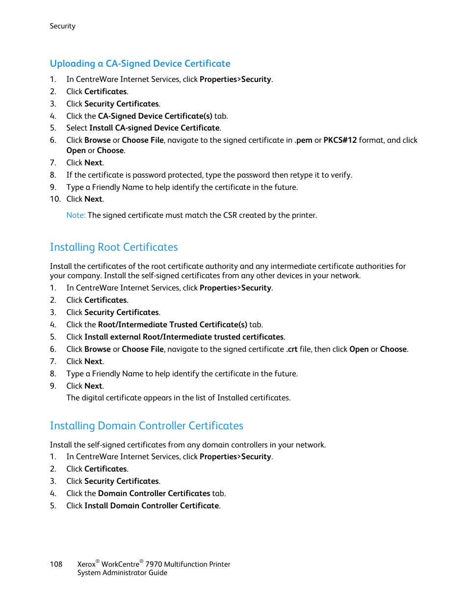 Uploading a ca-signed device certificate, Installing root certificates, Installing domain controller certificates | Xerox WorkCentre 7970-2606 User Manual | Page 108 / 268