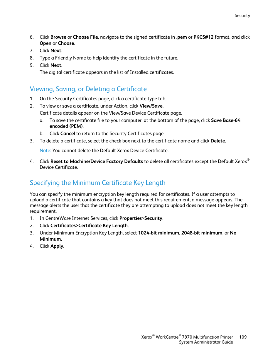 Viewing, saving, or deleting a certificate, Specifying the minimum certificate key length | Xerox WorkCentre 7970-2606 User Manual | Page 109 / 268