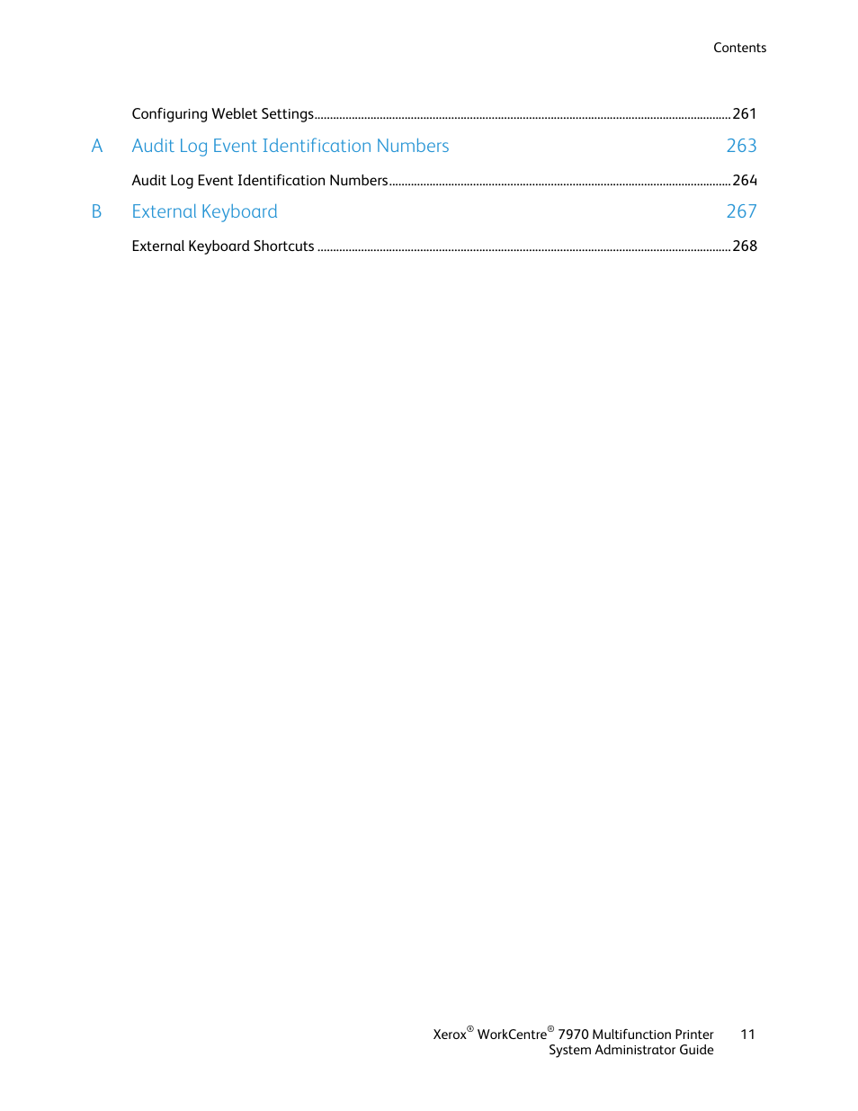 A audit log event identification numbers 263, B external keyboard 267 | Xerox WorkCentre 7970-2606 User Manual | Page 11 / 268