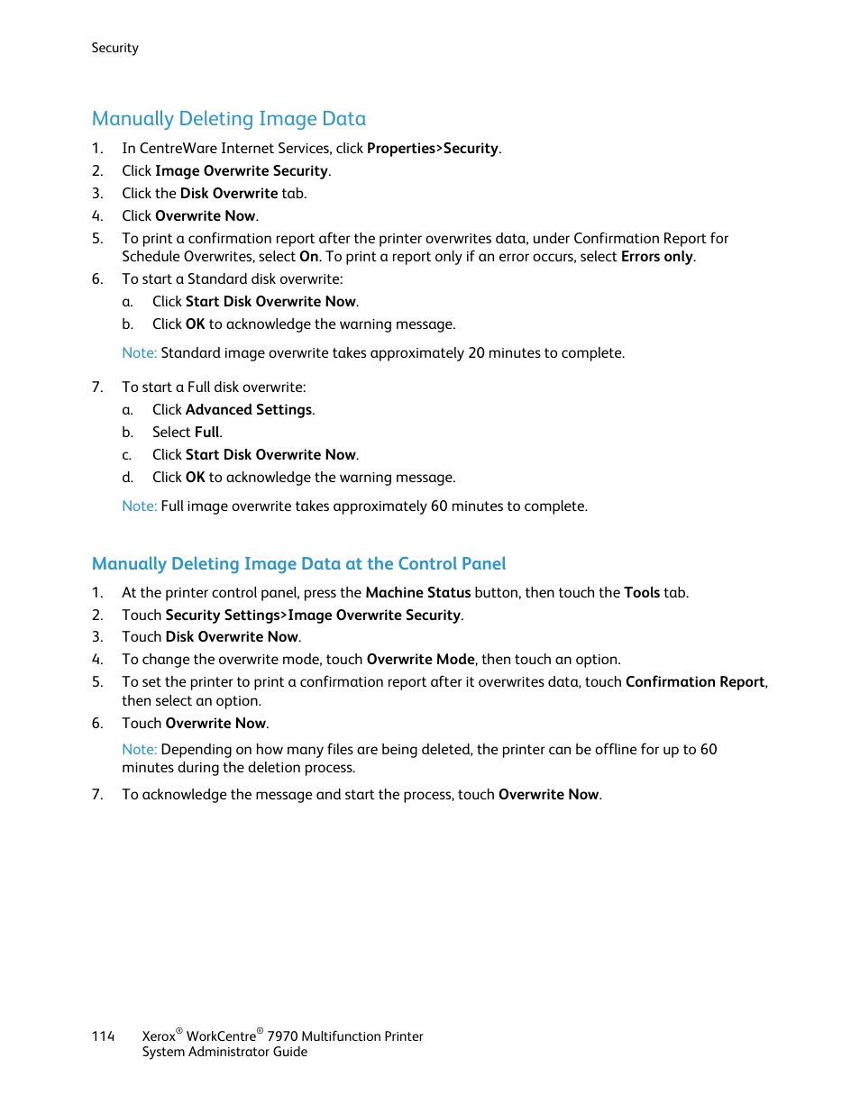 Manually deleting image data, Manually deleting image data at the control panel | Xerox WorkCentre 7970-2606 User Manual | Page 114 / 268