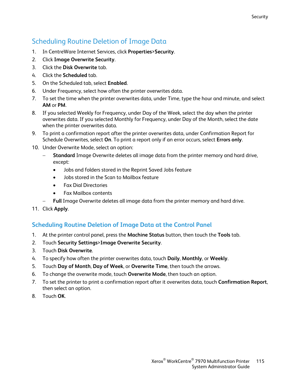 Scheduling routine deletion of image data | Xerox WorkCentre 7970-2606 User Manual | Page 115 / 268