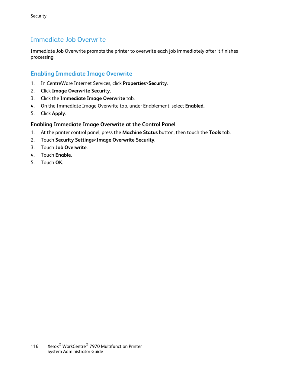 Immediate job overwrite, Enabling immediate image overwrite | Xerox WorkCentre 7970-2606 User Manual | Page 116 / 268