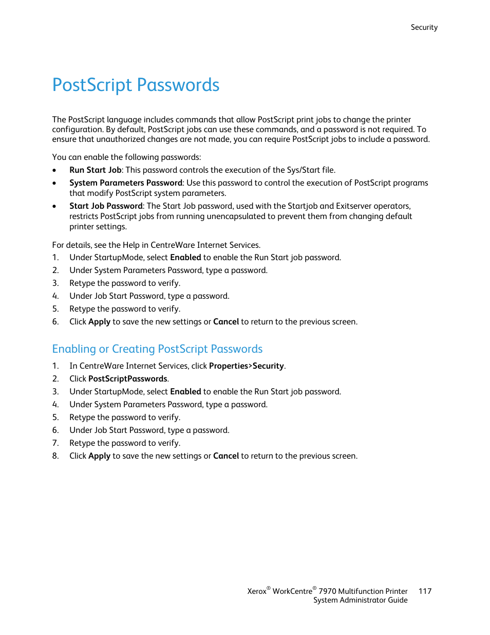 Postscript passwords, Enabling or creating postscript passwords | Xerox WorkCentre 7970-2606 User Manual | Page 117 / 268