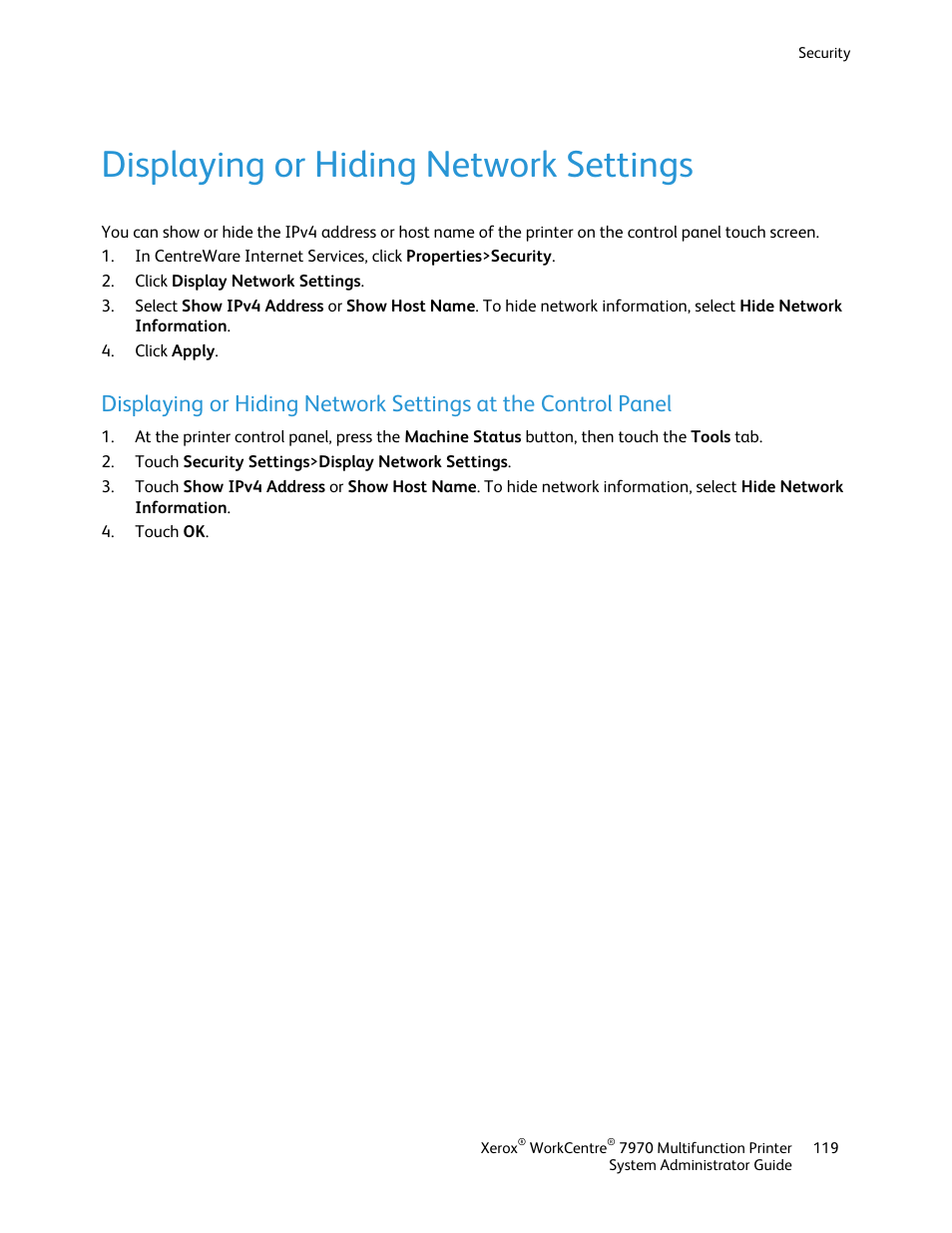 Displaying or hiding network settings | Xerox WorkCentre 7970-2606 User Manual | Page 119 / 268