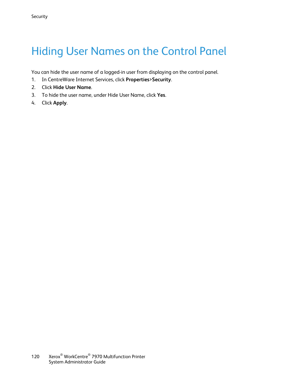 Hiding user names on the control panel | Xerox WorkCentre 7970-2606 User Manual | Page 120 / 268