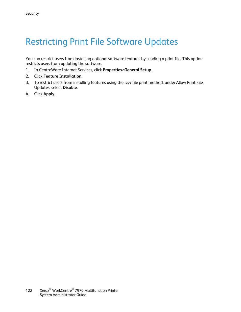 Restricting print file software updates | Xerox WorkCentre 7970-2606 User Manual | Page 122 / 268